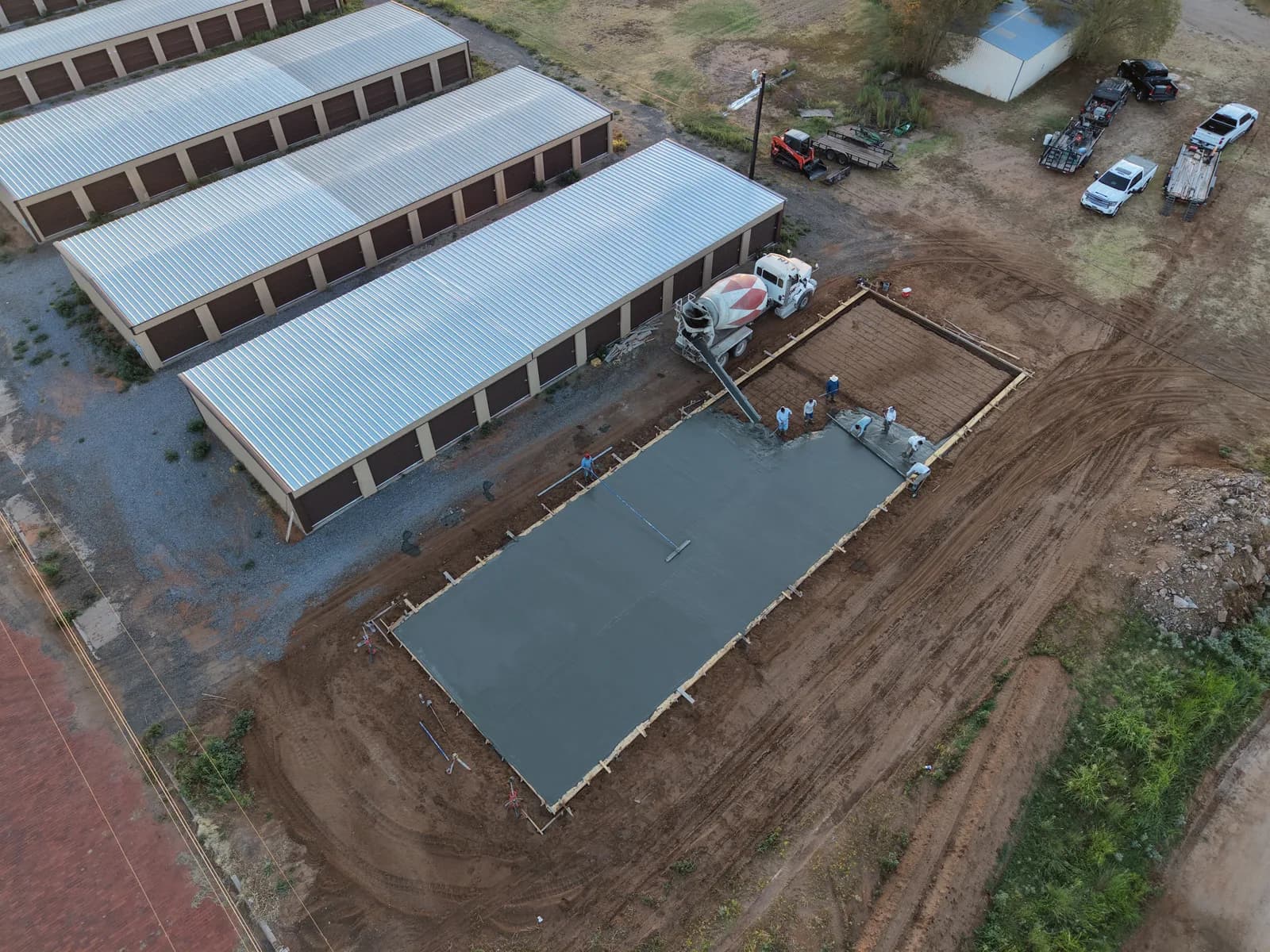 Childress 30' x 100' Storage Building Foundation — aerial view of the finished pad alignment in Childress, TX